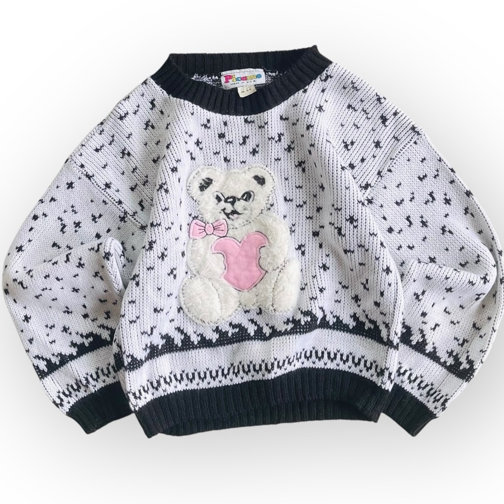 Vintage Picamo White Black Knit 3D Teddy Bear Heart Sweater Girls 5/6 80s Retro